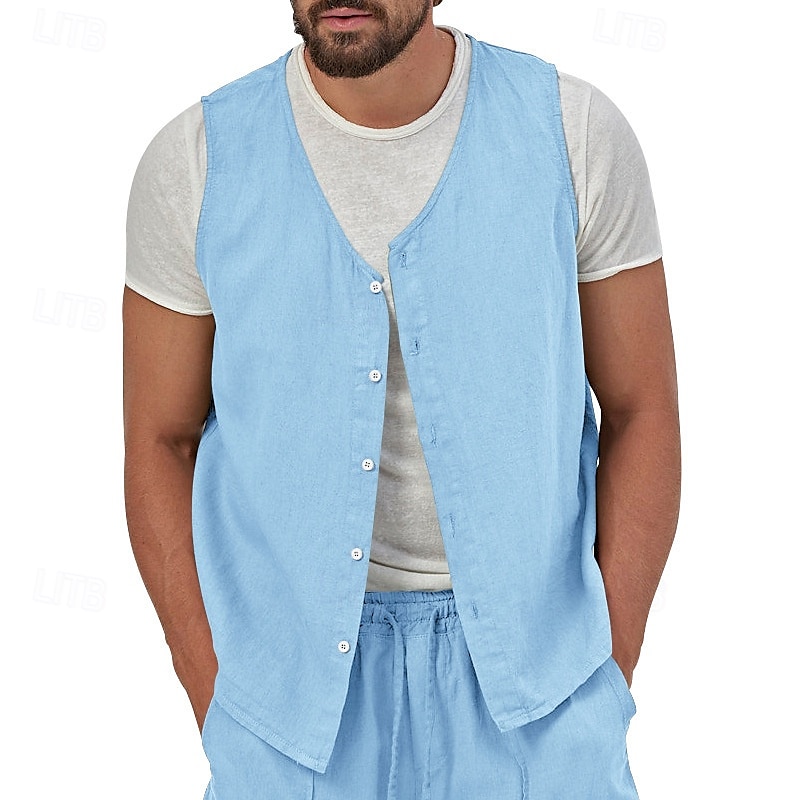 בגדי ריקוד גברים וסט Gilet אפוד פשתן חופשה יומי פגישה (דייט) אופנתי יום יומי קיץ אביב כפתורים כיס פשתן נוח אחיד חזה יחיד כפתור יחיד צווארון V רגיל שחור צהוב ירוק בהיר כחול נייבי אֵפוֹד 2025 - $23.99 –P16