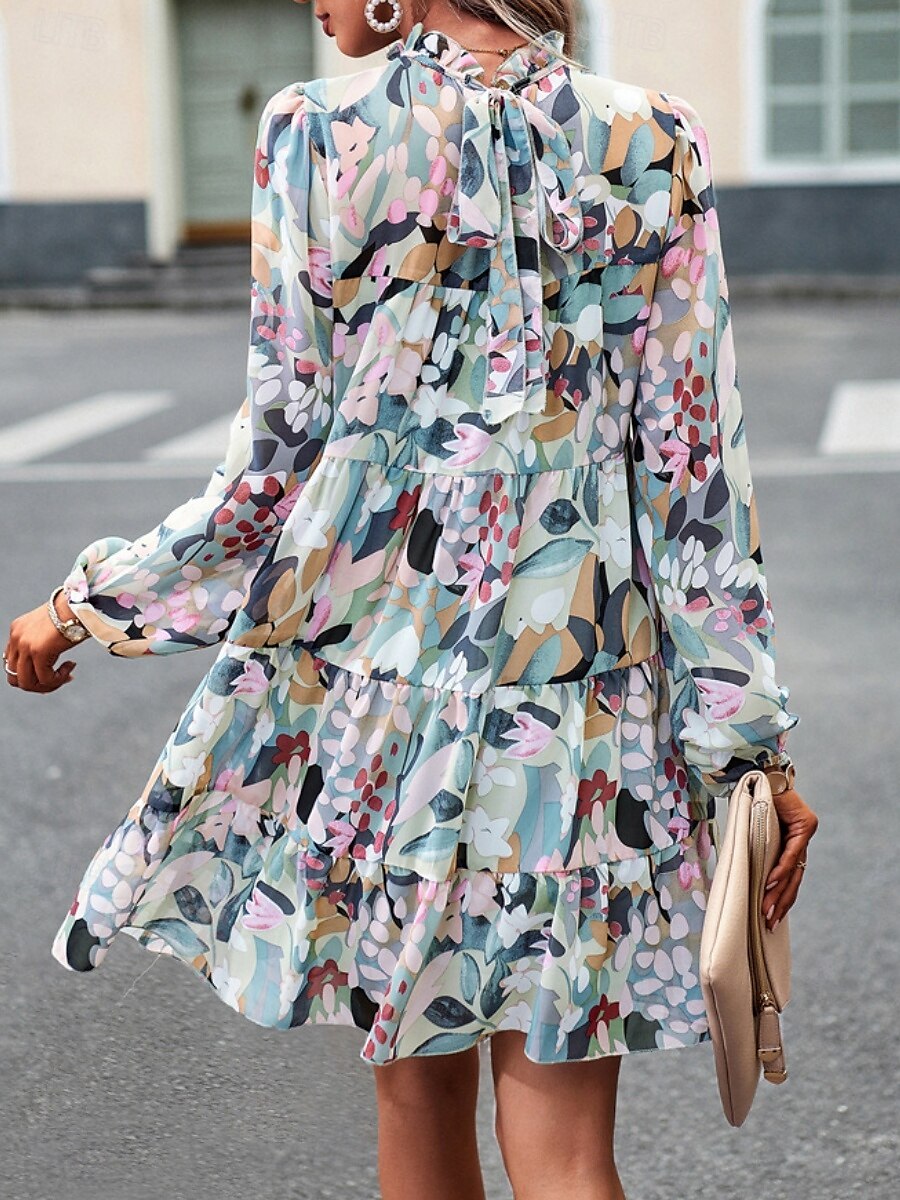Women's Mini Dress Casual Dress A Line Dress Stylish Casual Vacation Daily Regular Fit Floral Long Sleeve Stand Collar Green Apricot Summer 2025 - $42.99 –P2