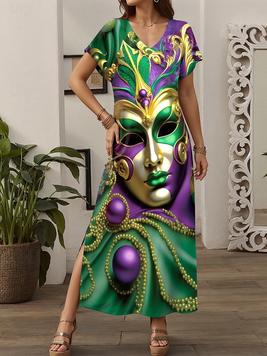Carnival Women's Maxi Dress Sundress Shift Dress Summer Dress Vintage Drop Shoulder Cocktail Party Loose Fit Short Sleeve V Neck Green Summer Spring 2025 - $28.99 –P1