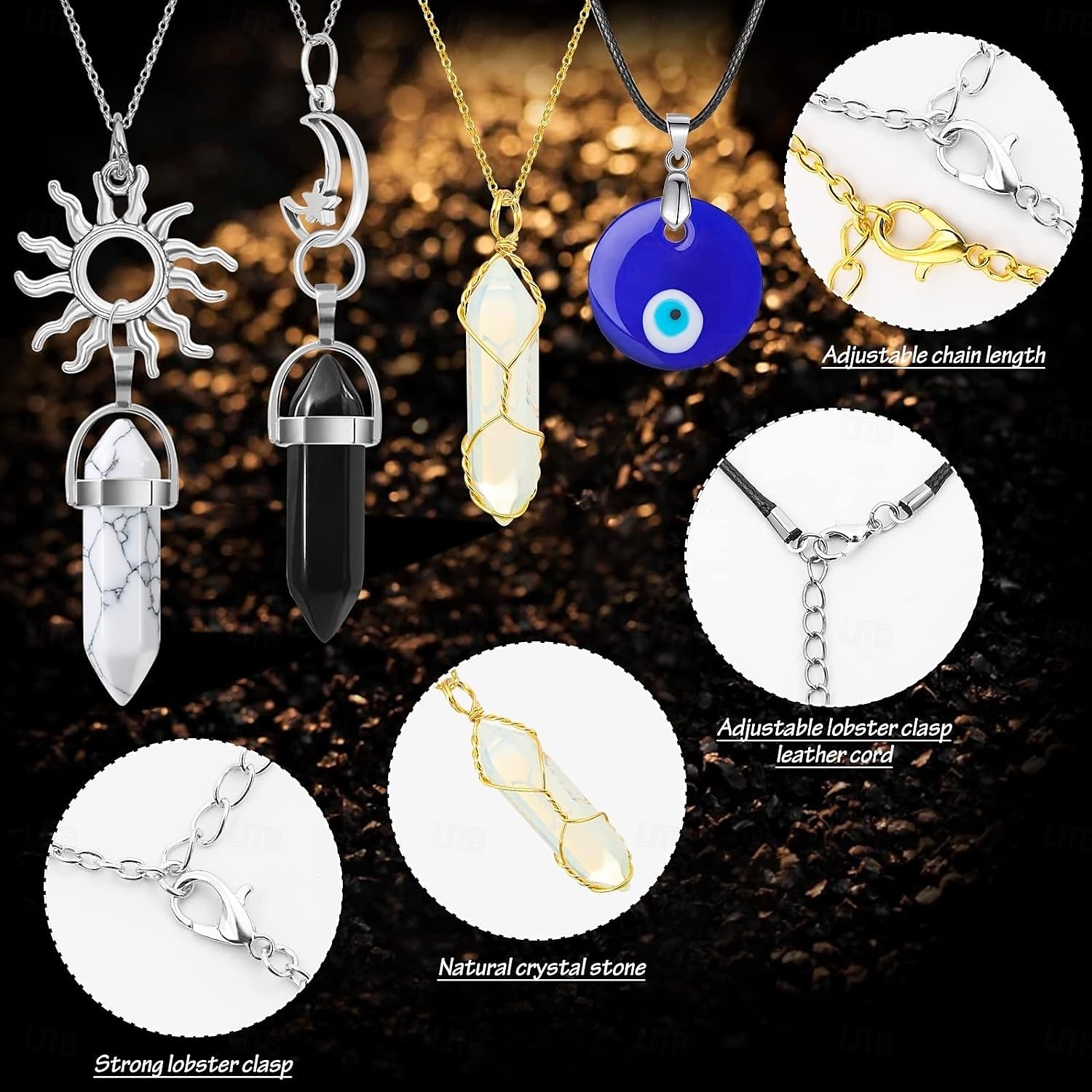 Colar com pingente de cristal de 16 peças, coluna hexagonal de ametista, fio trançado de mau olhado, colar com pingente de árvore da vida de 2025 por $33.99 –P4