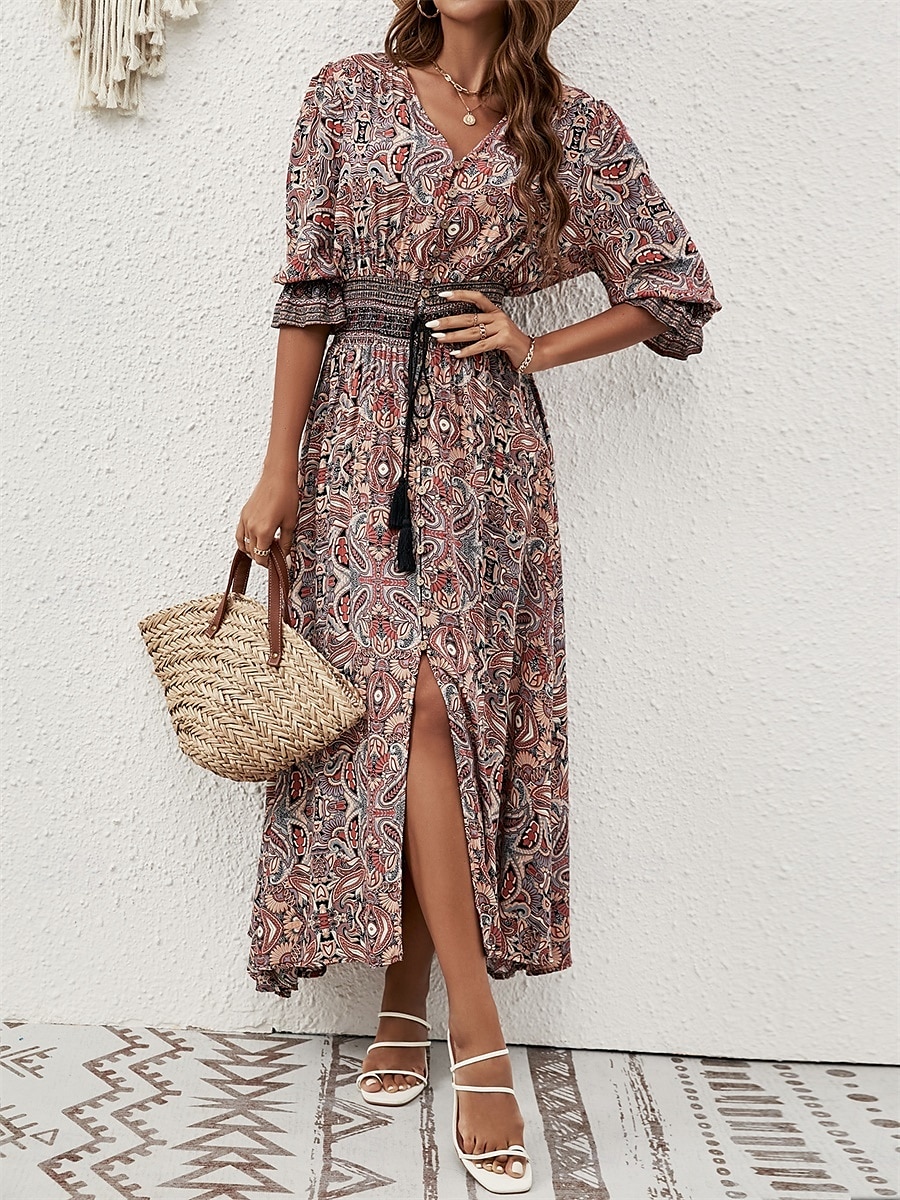 Per donna Vestito maxi Abito casual Abito Boho a maniche lunghe Abito boho Boemia Moda Essenziale Da mare Informale Giornaliero Standard Pop art Manica a 3/4 A V Marrone rossastro Blu Estate del 2025 a $42.99 –P8