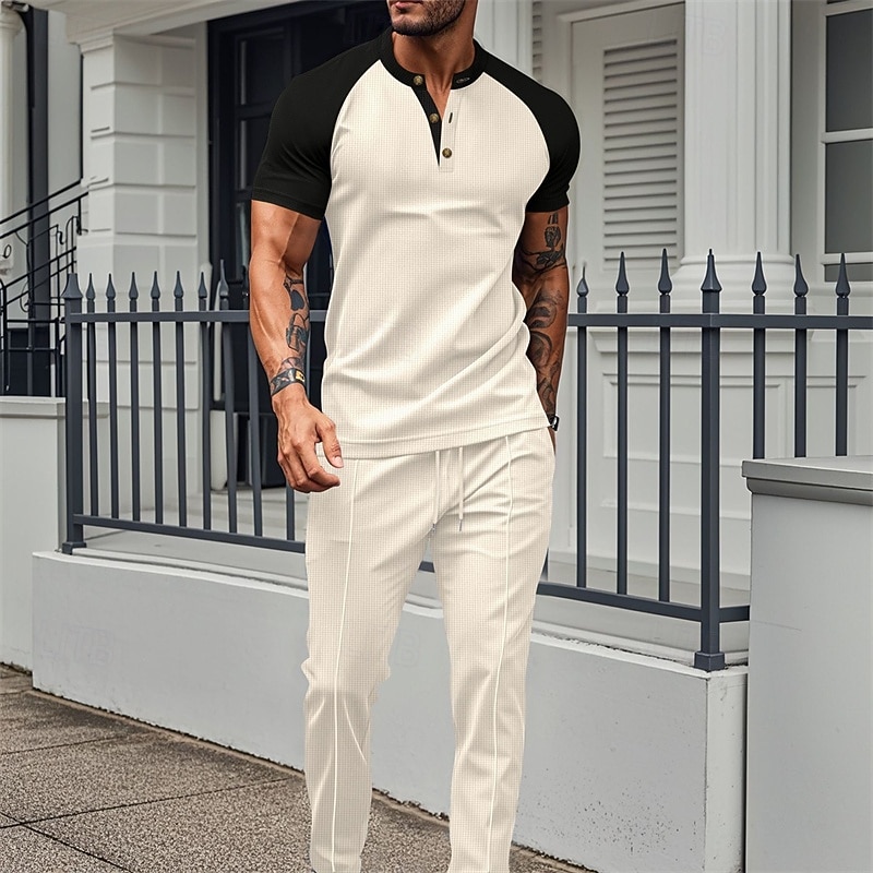 Herren T-Shirt Anzüge T-Shirts und lange Hosen mit Kordelzug 2-teiliges Outfit Kurzarm Henley Sommer Frühling Farbblock Mode Lässig 2 teilig Urlaub Alltagskleidung Ausgehen Wein Grün Khaki Top 2026 - $37.99 –P10
