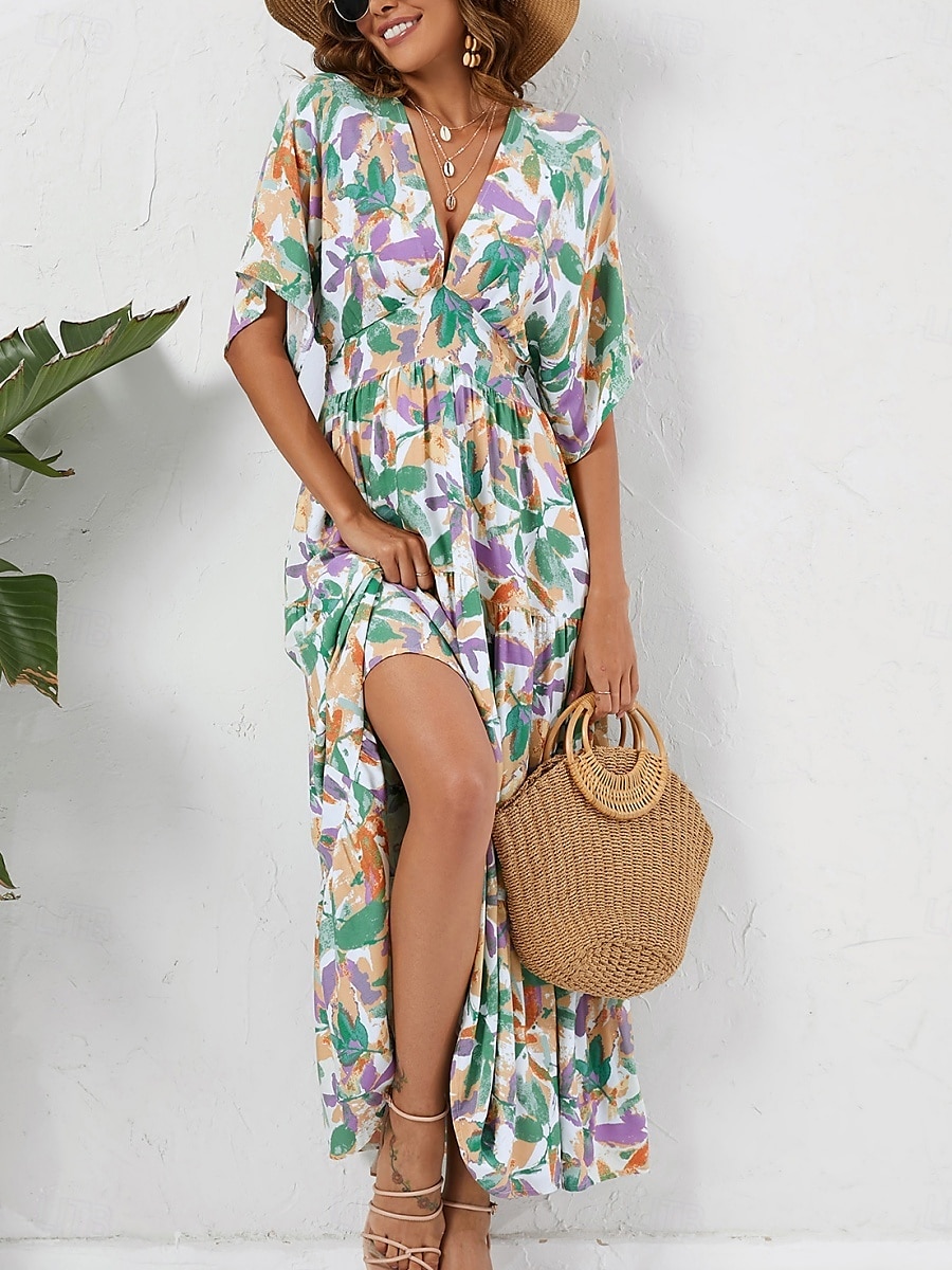 Dam Maxiklänning Vardagsklänning A linjeklänning Stylish Ledigt Semester Dagligen Normal Blommig Halvlång ärm V-hals Blå Sommar 2025 - $33.99 –P5
