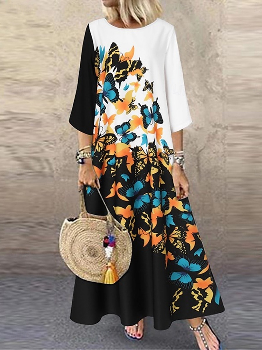 Femme Robe Maxi Robe casual mode Décontractées Vacances du quotidien Standard Floral Manches 3/4 Col Ras du Cou Blanche Jaune Rouge Eté Printemps de 2025 ? $27.99 –P1