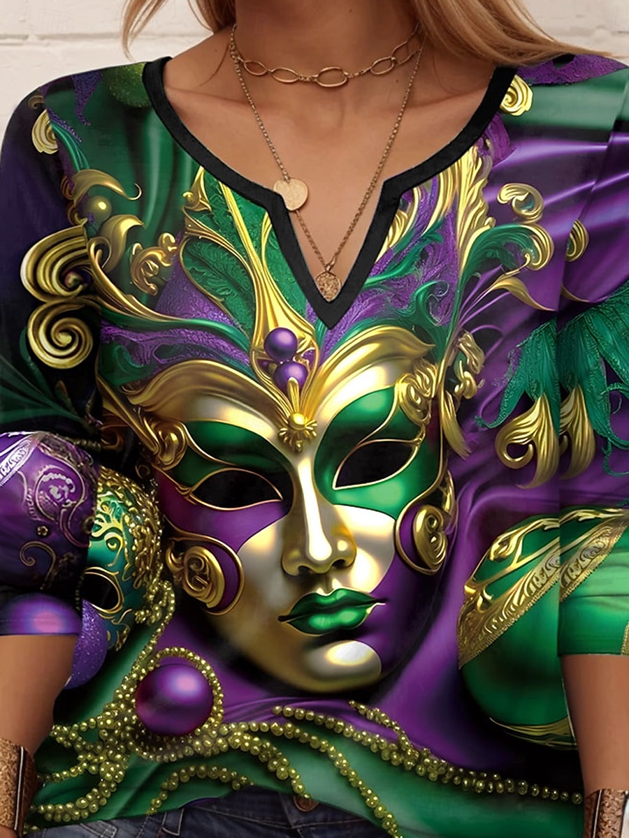 Carnaval Femme T shirt Graphic Décontractées manche longue Col cranté Hauts réguliers du quotidien Imprimer Vert Eté Printemps Automne de 2025 ? $24.99 –P3