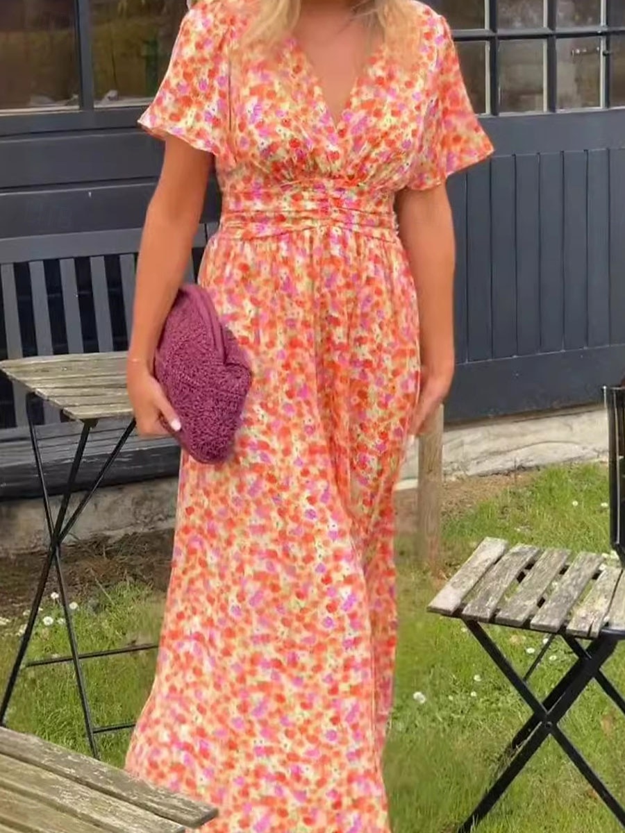 Dam Maxiklänning A linjeklänning Blommig klänning Stylish Ledigt Semester Ledigt Dagligen Normal Blommig Kortärmad V-hals Rodnande Rosa Blå Orange Grön Sommar Vår 2025 - $36.99 –P4