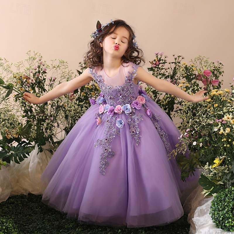 Blomsterpikekjole Barn Jente Prinsesse kjole Ytelse Bryllup Fest Elegant Vakker Netting Helfarge Ermeløs Crew-hals Lilla 4 år + 2025 - $58.99 –P1