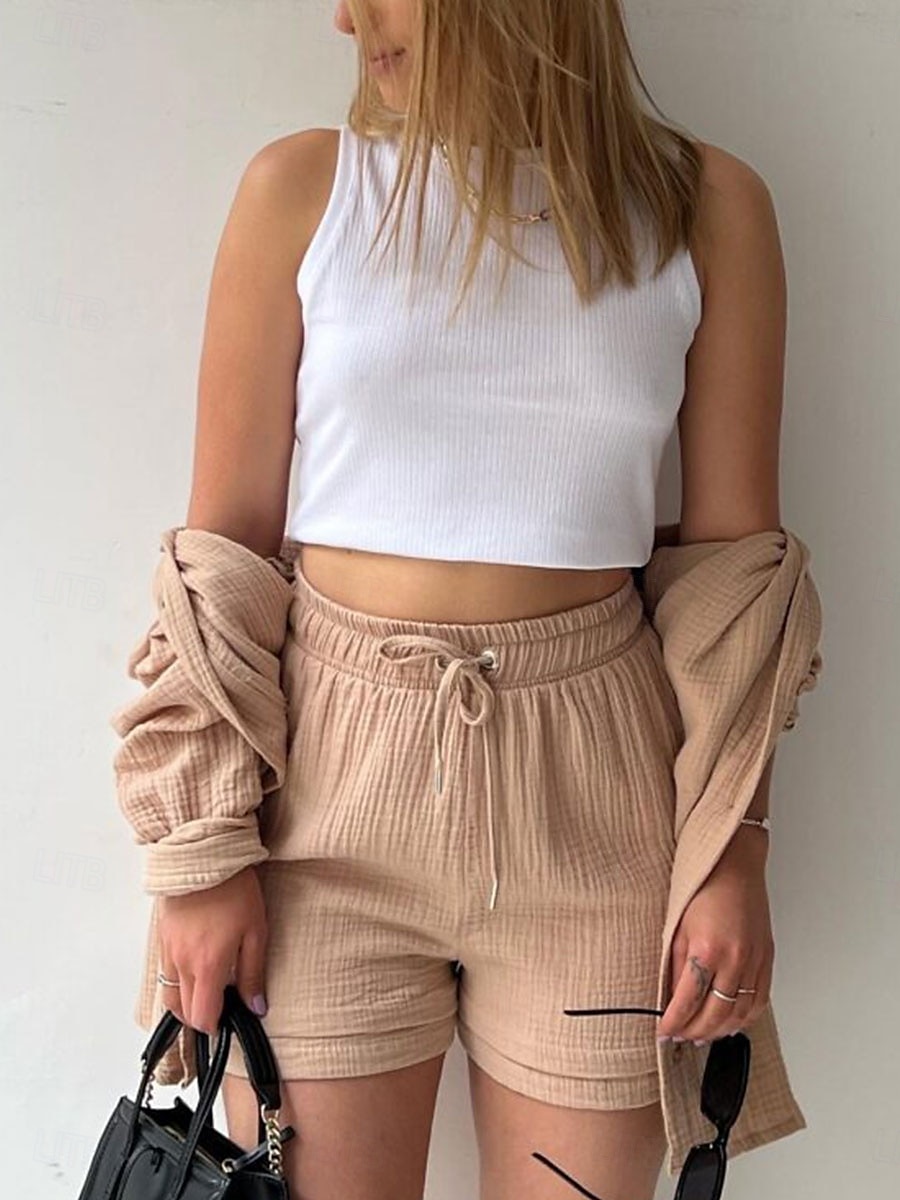 Women's Elegant Fashion Streetwear Shirt Blouse Baggy Shorts Long Sleeve Shirt Collar Solid Color Ruched Outdoor Work Casual Orange Green Khaki Summer Loose Fit 2025 - $35.99 –P6