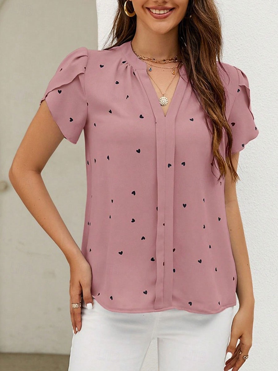 Γυναικεία Πουκάμισο Μπλούζα Στάμπα Καρδιά Κομψό Καθημερινά Στυλάτο Κοντομάνικο Λαιμόκοψη V Κανονικά μπλουζάκια Καθημερινά Δουλειά Αργίες Μαύρο Ανθισμένο Ροζ Μπεζ Μπλε Απαλό Καλοκαίρι Άνοιξη 2026 - $29.99 –P6