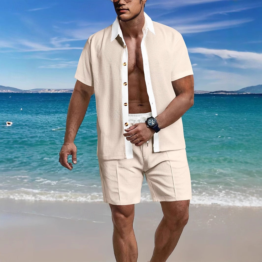 Per uomo Camicia a cialda 2 pezzi Completo di camicia Set estivo Set abbinati Maglietta informale Liscio Da mare Giornaliero Nero Bianco Rosso Verde Manica corta Colletto Estate Abbigliamento del 2025 a $31.99 –P5
