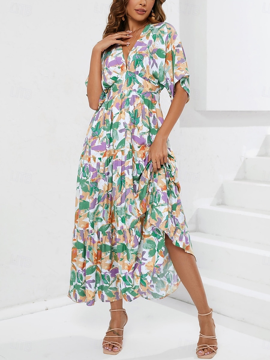 Dam Maxiklänning Vardagsklänning A linjeklänning Stylish Ledigt Semester Dagligen Normal Blommig Halvlång ärm V-hals Blå Sommar 2025 - $33.99 –P1