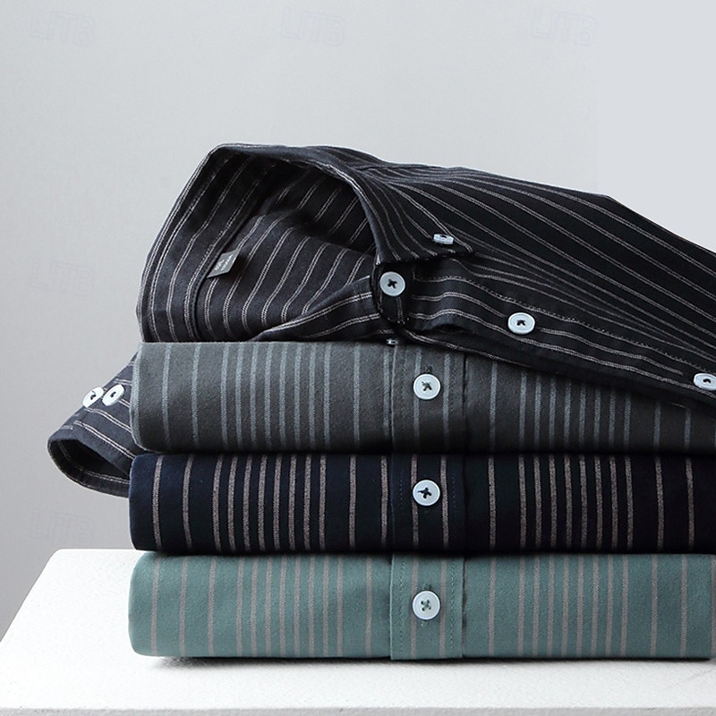Men's Oxford Shirt Black Navy Blue Green Light Grey Dark Grey Long Sleeve Striped Vertical Stripes Button Down Collar School Wedding Buttons Clothing Apparel Neutral Fashion Daily 2025 - $25.99 –P11