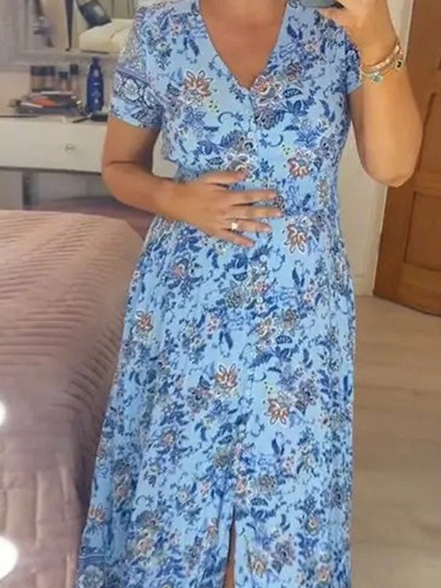 Női Maxiruha hétköznapi ruha Boho ruha Elegáns Stílusos Alkalmi Vakáció Hétköznapi Napi Normál Virágos Rövid ujjú V-alakú Arcpír rózsaszín Sötétkék Bíbor Világoskék Nyár Tavasz 2025 - $29.99 –P4