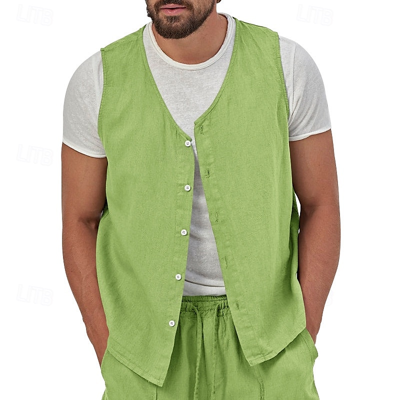בגדי ריקוד גברים וסט Gilet אפוד פשתן חופשה יומי פגישה (דייט) אופנתי יום יומי קיץ אביב כפתורים כיס פשתן נוח אחיד חזה יחיד כפתור יחיד צווארון V רגיל שחור צהוב ירוק בהיר כחול נייבי אֵפוֹד 2025 - $23.99 –P12