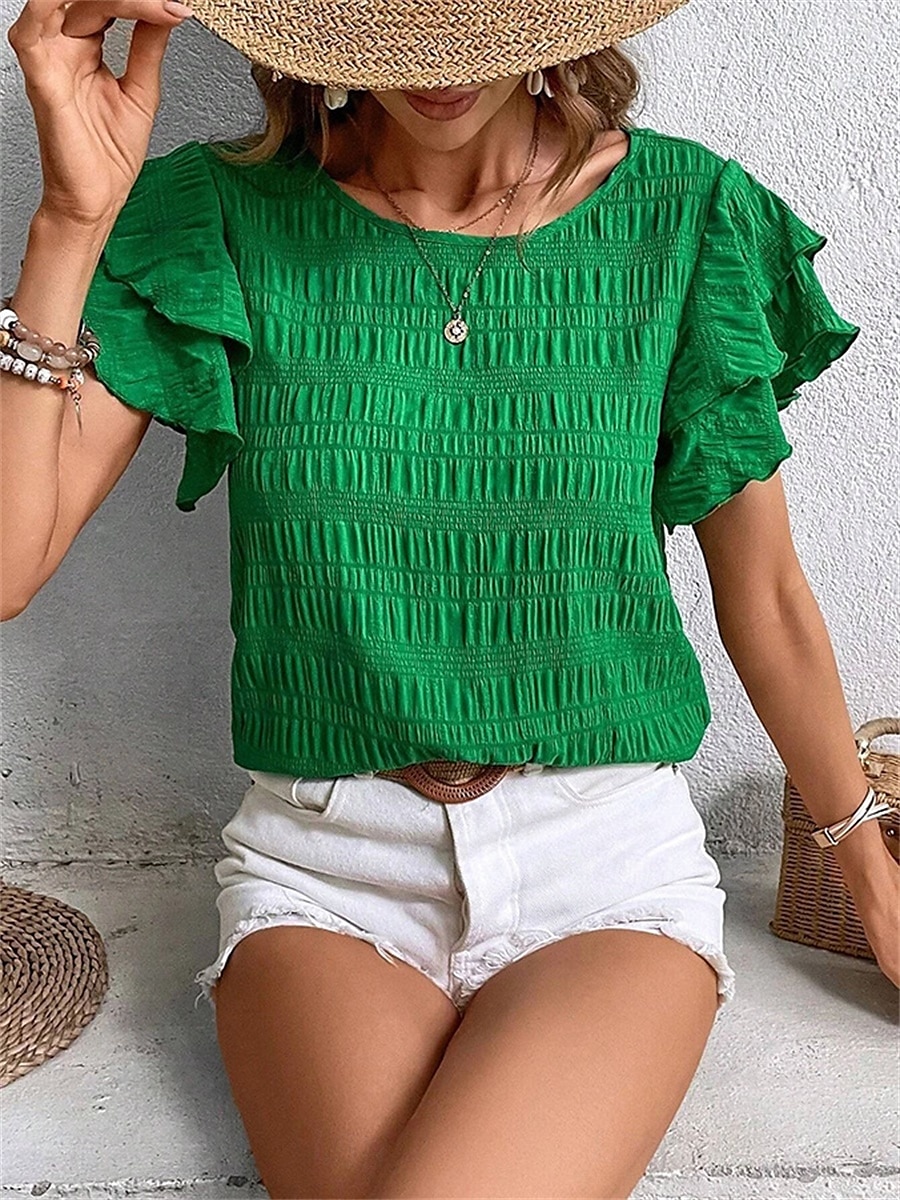 Women's Blouse Solid Color Elegant Daily Stylish Short Sleeve Crew Neck Regular Tops Daily Holiday Going out Ruffle Patchwork Sage Green Red Navy Blue Purple Green Summer Spring 2025 - $22.99 –P22