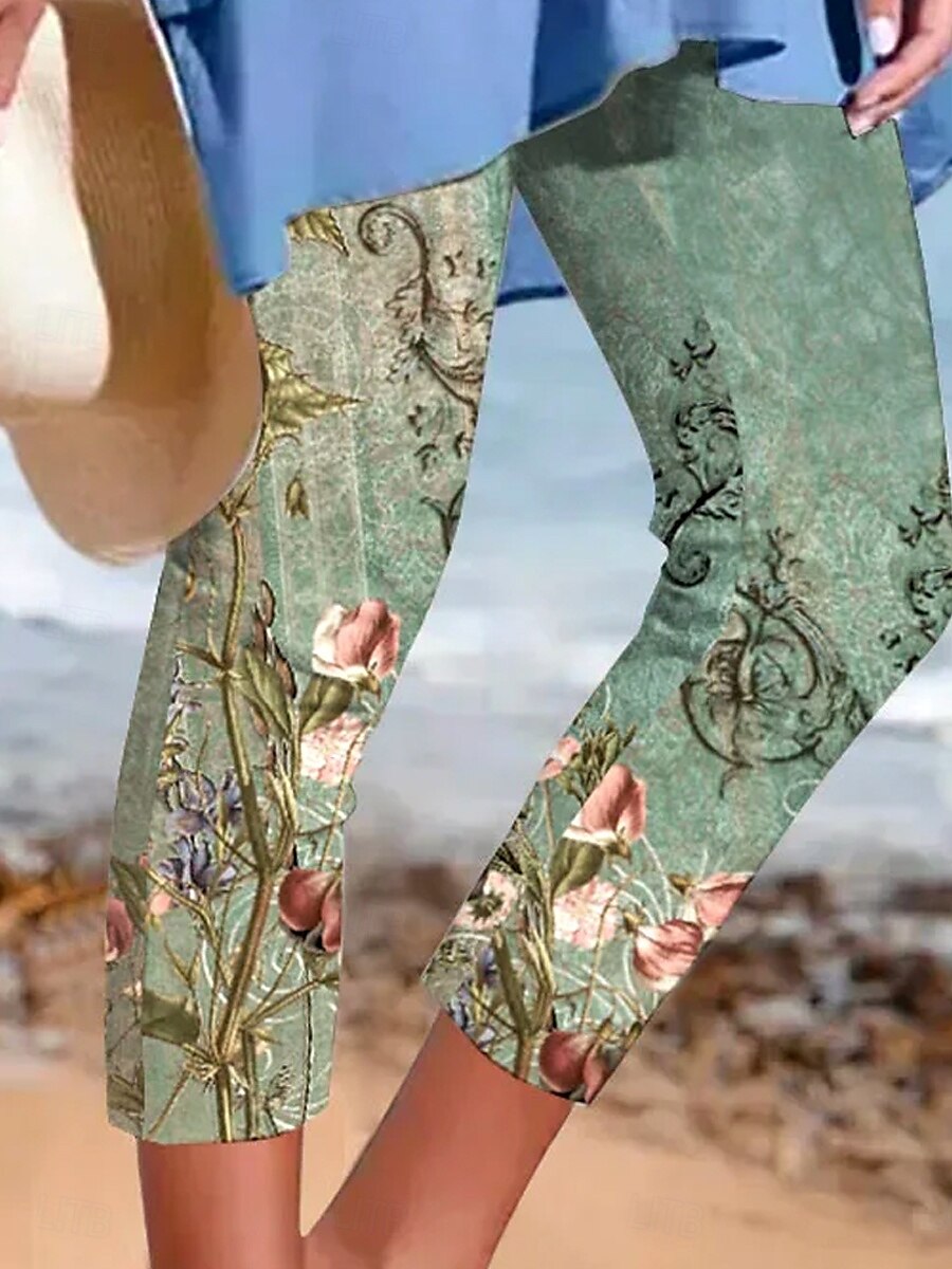 Pantaloni legging Capri pentru femei elasticitate ridicată modă streetwear lungime până la gambă talie înaltă imprimare grafică a plantelor respirabil moale pentru exterior zilnic verde vară 2025 - $18.99 –P2