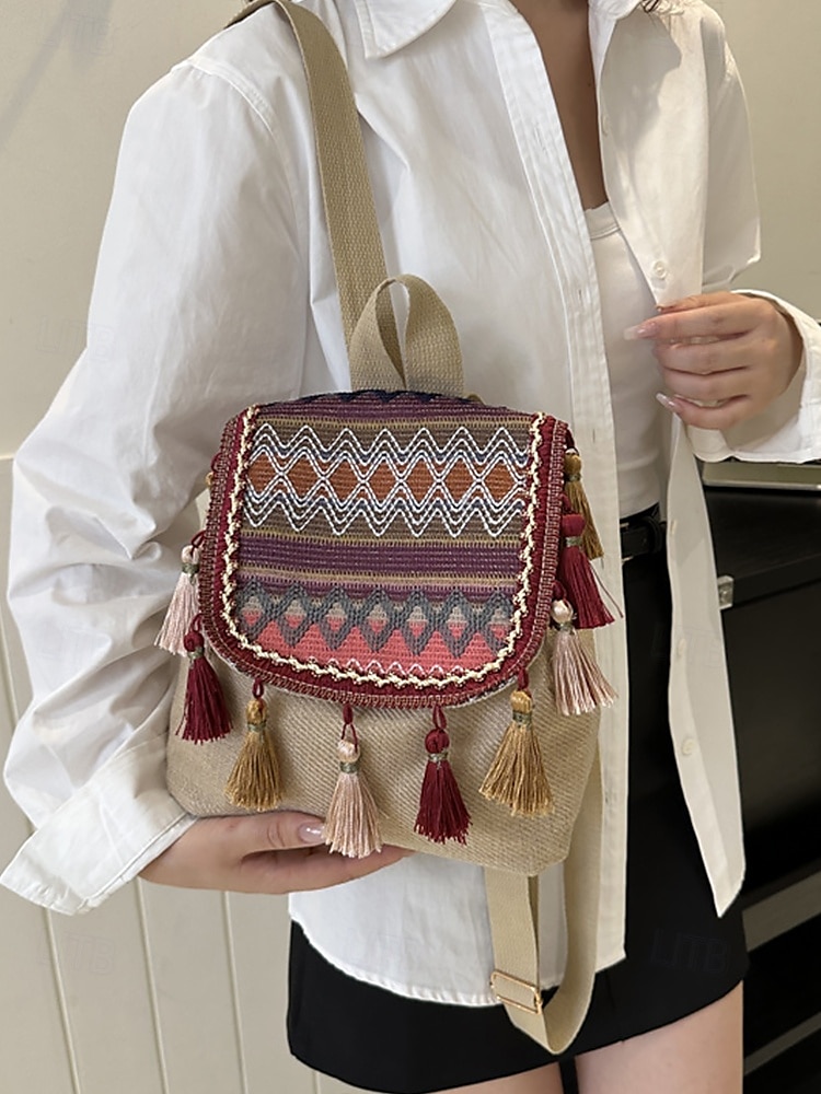 bohemisk tofsryggsäck med broderad design – snygg damryggsäck i canvas för vardags-, resor och festivalkläder 2025 - $14.99 –P1