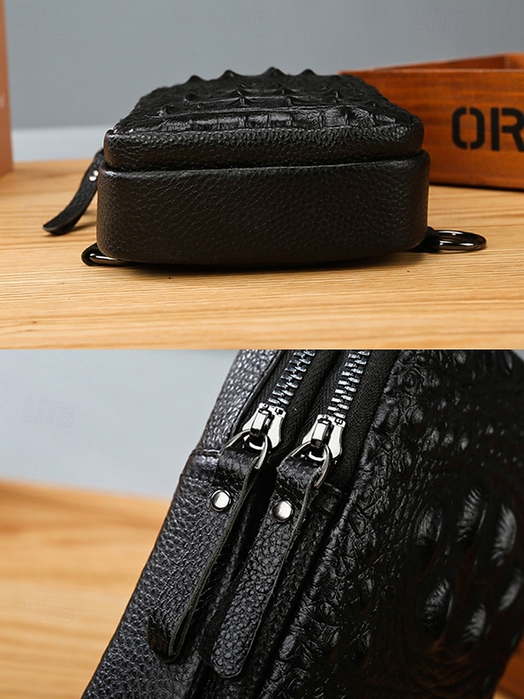 svart krokodillepreget crossbody-veske i skinn for menn – kompakt slengveske med justerbar stropp for daglig bruk 2025 - $19.99 –P8