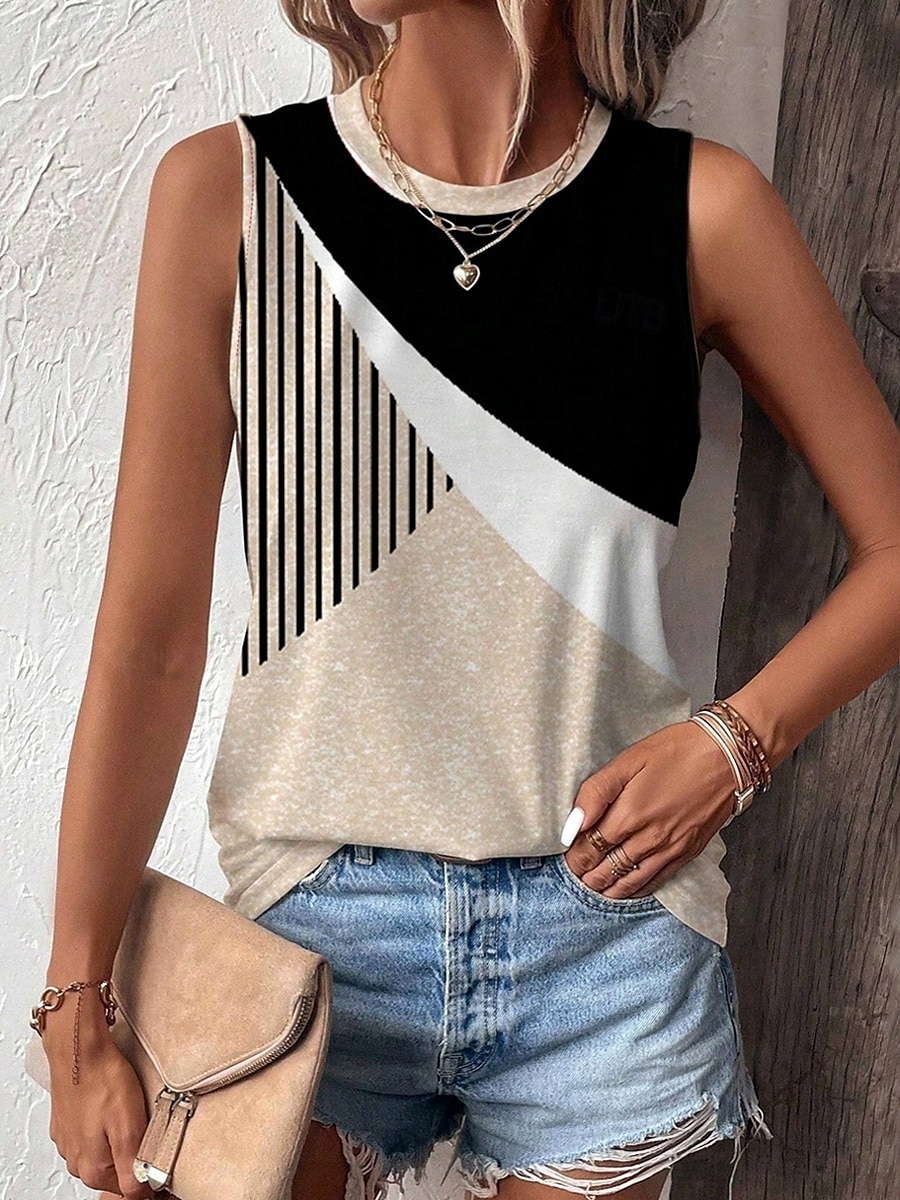 Damen Trägertop gestreift stilvoll lässig ärmellos Rundhals reguläre Tops Daily Druck Khaki Sommer 2025 - $17.99 –P1