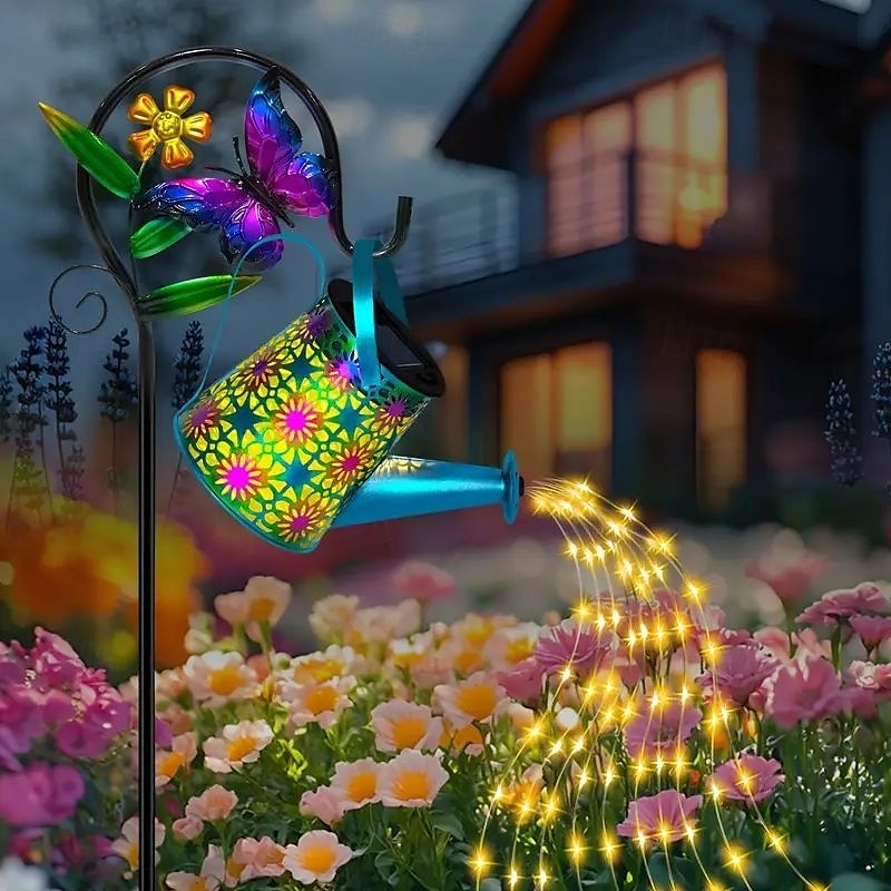 Solar Watering Kettle Light with Colorful Butterfly Shepherd Hook Waterproof Solar Garden Light Wrought Iron LED Outdoor Garden Light for Courtyard Terrace Sidewalk Lawn Decoration 2025 - $37.99 –P7