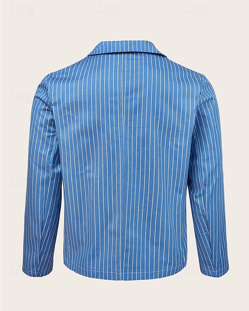 Hombre Graduación chaqueta Negocio Fiesta de Cóctel Fiesta de Boda Moda Casual Primavera Otoño Mezcla de Algodón Rayas Bolsillo Botones Cómodo Botonadura Simple Chaqueta de sport Azul Real 2026 - $50.99 –P2