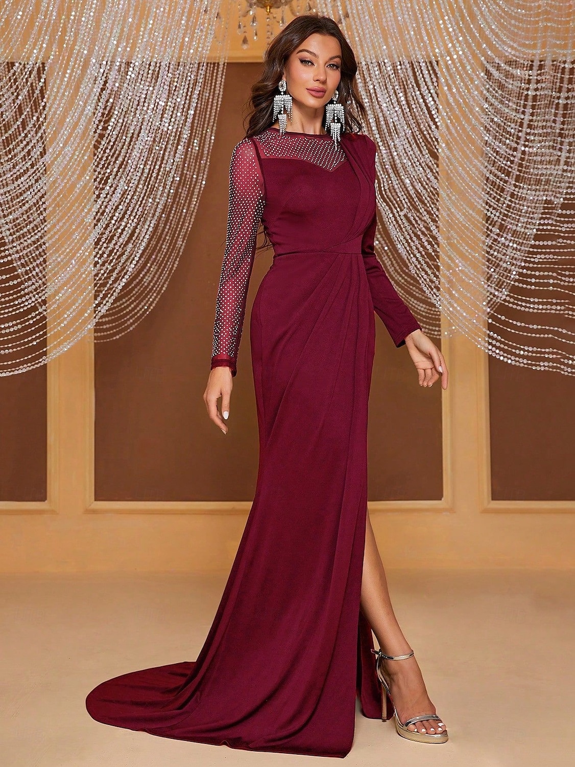 Meerjungfrau  Trompete Abendkleid elegantes Kleid formelle Abendveranstaltung Court Train lange Ärmel Rundhals Stretch-Crepe mit Kristallen 2025 2025 - $179.99 –P6
