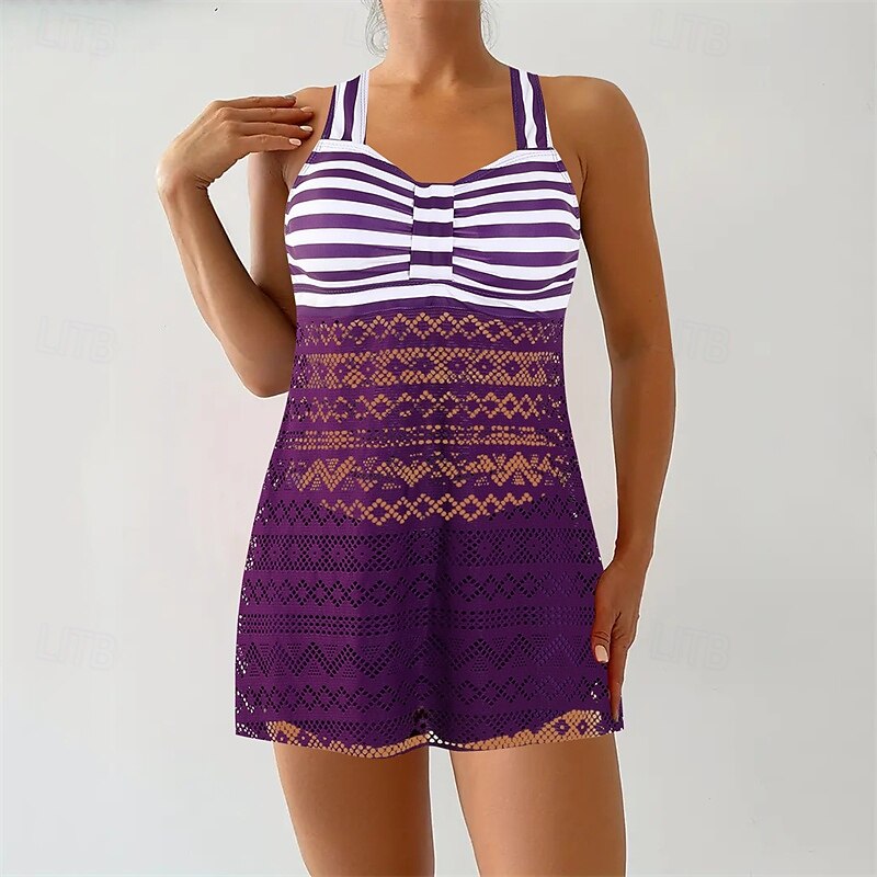 Dam Tankini Tvådelad baddräkt Spets Badkläder Rand Badkläder Svart Purpur Andningsfunktion Snabb tork Lättvikt Ärmlös - Simmning Surfing Strand Sommar Vår Plusstorlekar 2025 - $26.99 –P8