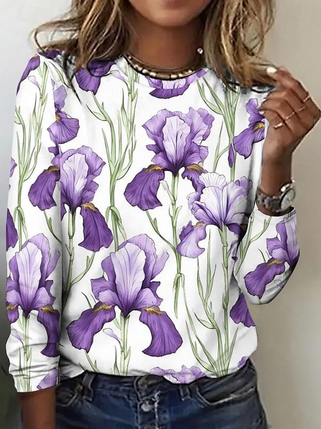 Femmes T-shirt Fleuri Élégant ancien Mode manche longue Col ras du cou Hauts Réguliers Quotidien Sortir Week-end Imprimé Violet Été Printemps de 2025 ? $22.99 –P1