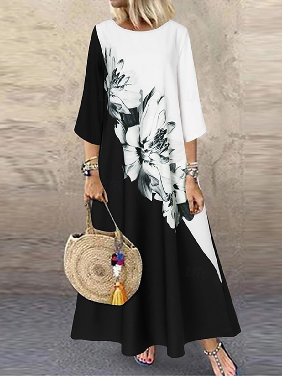 Femme Robe Maxi Robe casual mode Décontractées Vacances du quotidien Standard Floral Manches 3/4 Col Ras du Cou Blanche Jaune Rouge Eté Printemps de 2025 ? $27.99 –P5