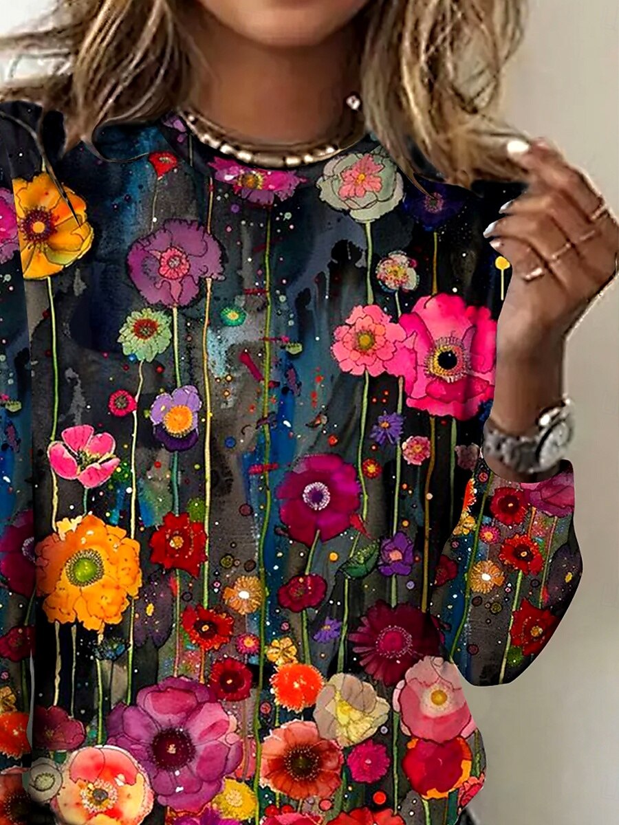 Women's T Shirt Floral Elegant Vintage Fashion Long Sleeve Crew Neck Regular Tops Daily Going out Weekend Print Red Summer Spring 2025 - $23.99 –P2