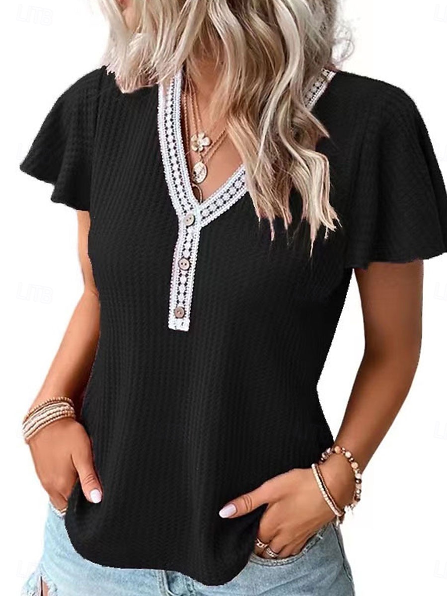 Femme T shirt Plein Mode Moderne Décontractées Manche Courte Col V Hauts réguliers du quotidien Fin de semaine Patchwork Noir Blanche Rose Claire Eté Printemps de 2025 ? $23.99 –P5