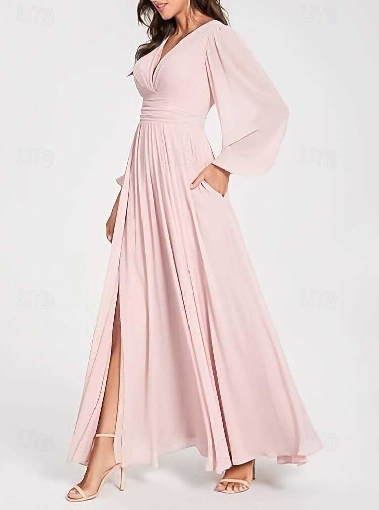 Linha A Vestido de Madrinha Decote V Manga Longa Elegante Longo Chiffon com Fenda Frontal / Franzido 2022 de 2025 por $157.99 –P3