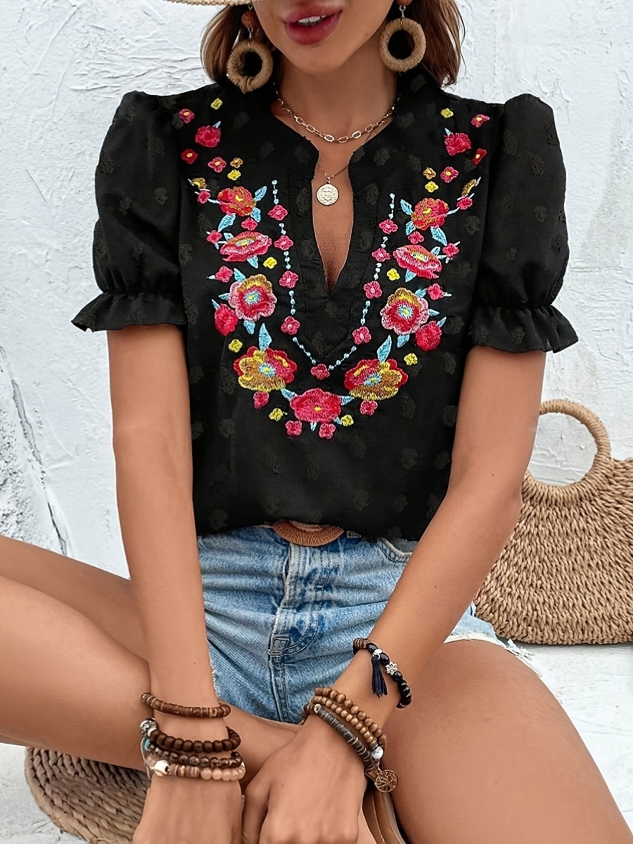 Per donna Maglietta Volant Patchwork Ricamato Floreale Moda Moderno Casual Manica Corta Collo a V Top Regolari Quotidiano Weekend Nero Estate del 2026 a $39.99 –P2