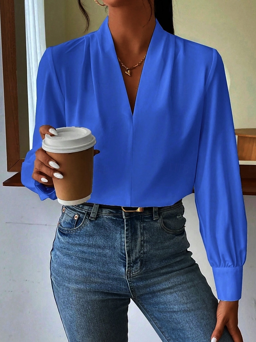 Dame Skjorte Bluse Helfarge Stilfull Fritid Langermet V-hals Vanlige topper Daglig Knapper Lomme Svart Hvit Gul Blå Grønn Sommer Vår 2025 - $31.99 –P11