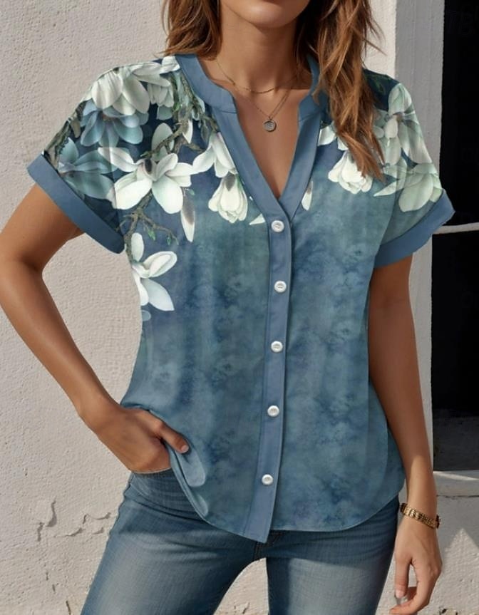 Camisa de mujer floral gráfica estilosa de playa manga corta cuello blusas regulares estampado de botones azul verano y primavera 2025 - $29.99 –P1