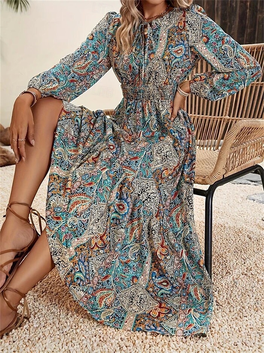 Pentru femei Rochie Maxi Rochie A line Rochie cu maneci bufante Boemia Vacanță Vacanță Casual Zilnic Fit regulat Grafic Manșon Lung Stil Nautic Bleumarin Vară Primăvară 2025 - $34.99 –P3