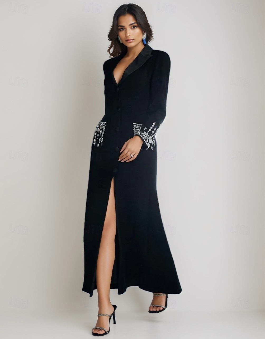 Blazer Dress A-Line Mother of the Bride Dress Tuxedo Dress Elegant High Split Shirt Collar Floor Length Stretch Fabric Long Sleeve with Crystals 2025 - $199.99 –P3