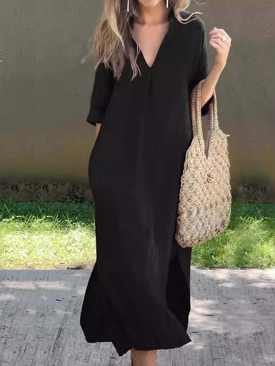 Femmes Robe Longue Maxi Robe Robes inspirées du lin Élégant Coupe régulière Demi Manches Col en V Noir Blanche Été Printemps de 2025 ? $28.99 –P4
