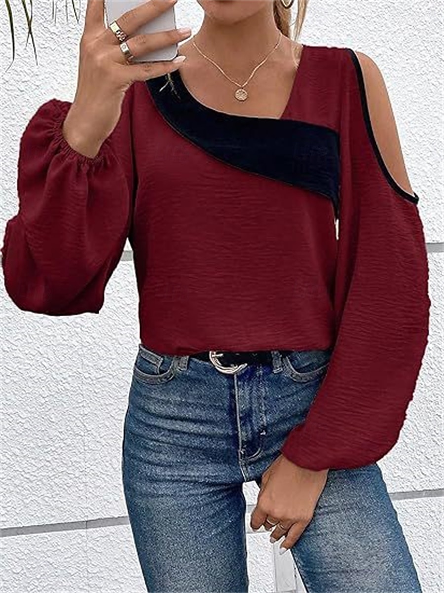 Damen Hemd Bluse Farbblock Elegant Täglich Stilvoll Langarm Laternenärmel U-Ausschnitt Normale Oberteile Arbeit Täglich Festtage Patchwork Wein Blau Beige Frühling Herbst 2025 - $26.99 –P11