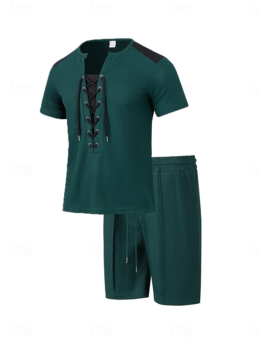 Herr T-shirtkostymer 2 delar outfits T-shirt och shorts Kortärmad Rund halsringning Sommar Färgblock Mode Ledigt Snörning 2 st Semester Dagliga kläder Utekväll Svart Vit Vin Topp t-shirt för män 2025 - $35.99 –P4