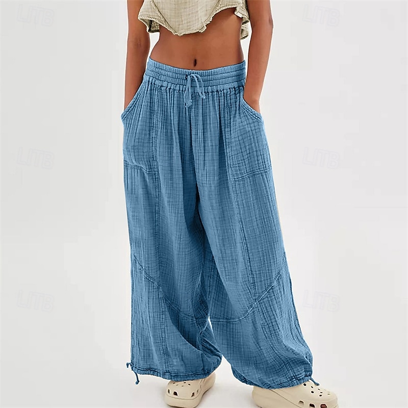 pantaloni din bumbac și pânză pentru femei, îmbrăcăminte stradală la modă, confort, lungime, talie înaltă, șnur simplu, talie elastică, șnur confortabil în aer liber, ținută confortabilă de zi cu zi 2025 - $18.99 –P11