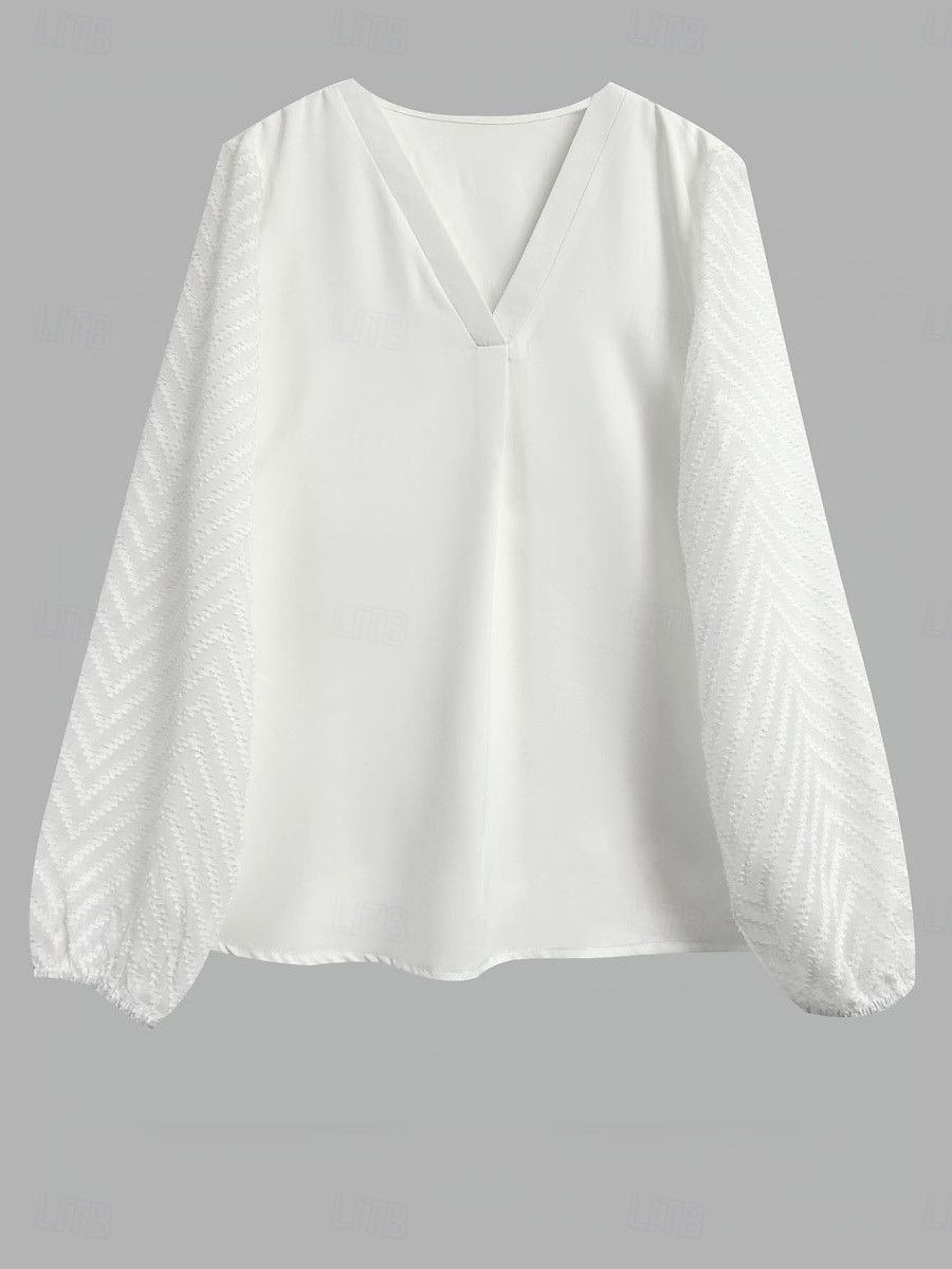 Dames Overhemd Blouse Effen Kleur Stijlvol Casual Lange mouw V-hals Normale tops Dagelijks Kant Lapwerk Wit Zomer Lente 2025 - $21.99 –P4