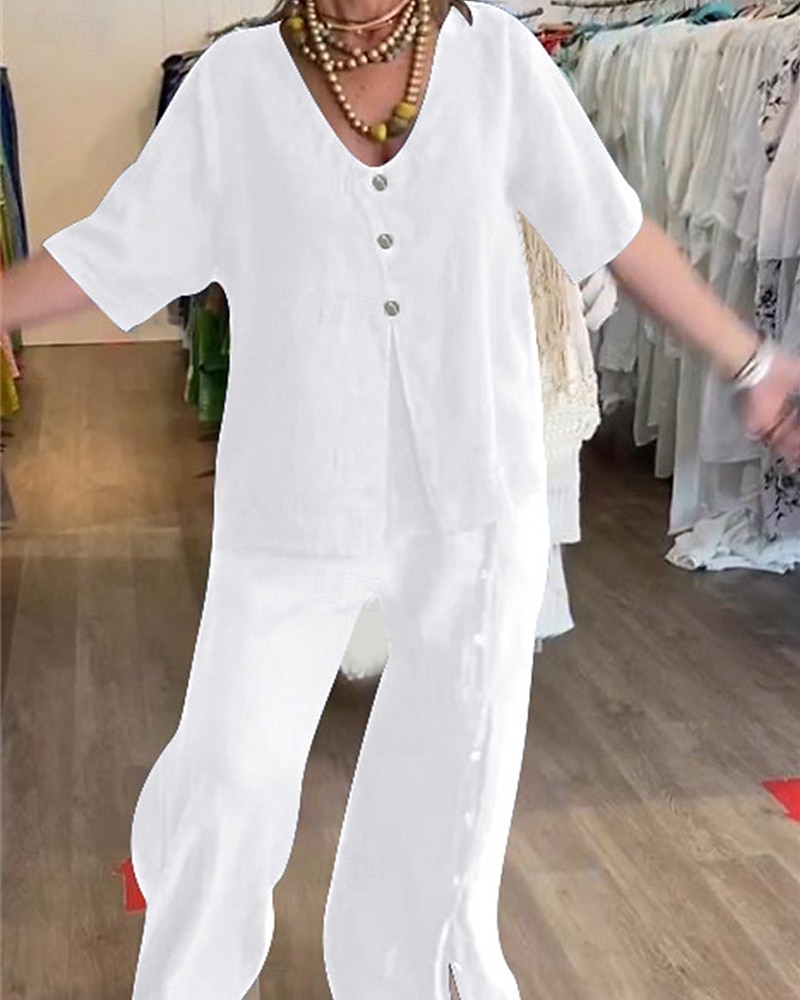 Damen Mode Streetwear Hemd Baumwoll-Leinen-Sets Zweiteilige Sets Leinenhosen Hosen Hose Kurzarm V Ausschnitt Einfarbig Kordelzug Alltagskleidung Date Schwarz Weiß Blau Sommer Normale Passform 2025 - $29.99 –P3