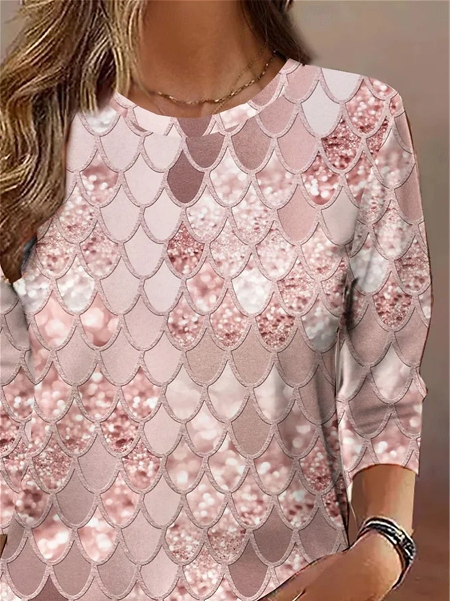Tricou pentru femei cu guler rotund mânecă lungă tunică geometrică Casual Topuri obișnuite zilnice imprimeu Roz Primăvară Toamnă 2026 - $24.99 –P2