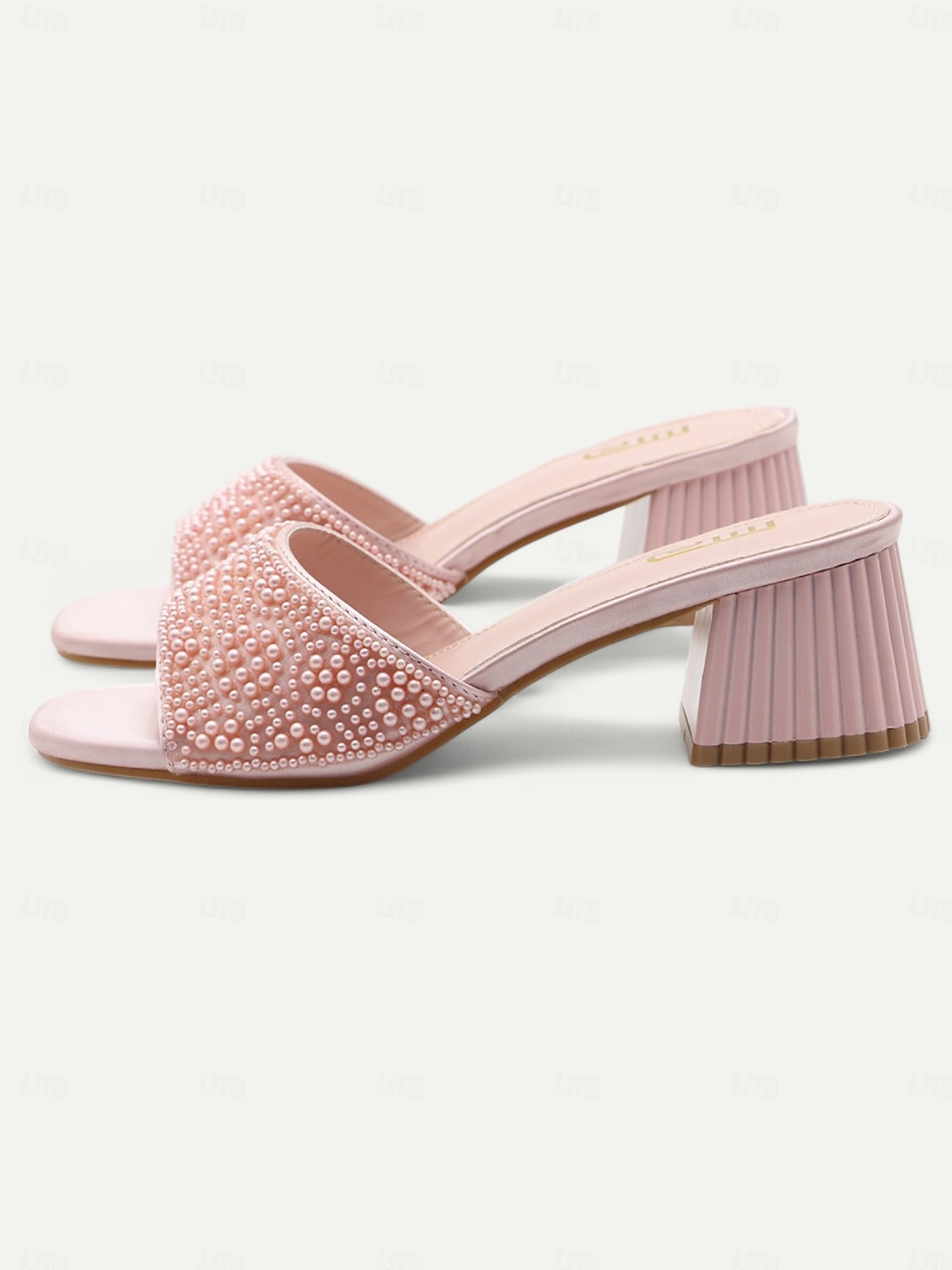 Women's Light Blue Pearl-Embellished Block Heel Mules – Elegant Open-Toe Slip-On Sandals for Summer Parties & Evening Wear 2025 - $42.99 –P3