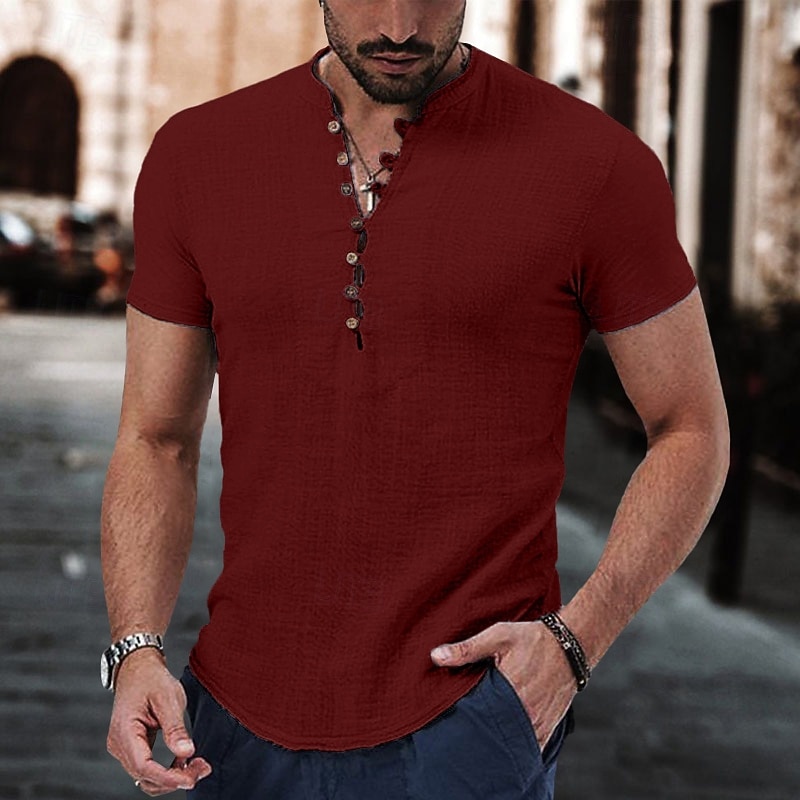 Per uomo Camicia di lino Camicia con colletto alla coreana Camicia popover Camicia Estiva Abbigliamento da spiaggia Camicia casual Semplice Vacanza Casuale Nero Bianco Rosa Vino Manica Corta Scollo a del 2026 a $8.49 –P18
