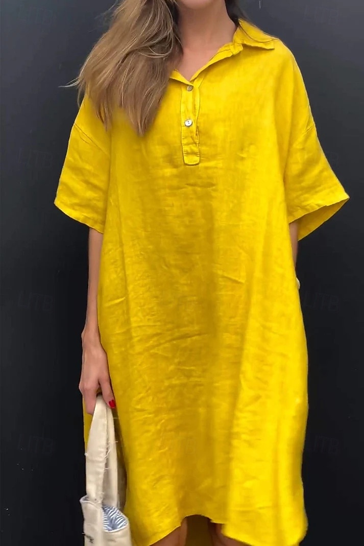 Women's Midi Dress Cotton Linen Dresses Casual Dress Basic Casual Vacation Daily Loose Fit Plain Half Sleeve Shirt Collar Yellow Pink Blue Khaki Summer Spring Fall 2025 - $26.99 –P6