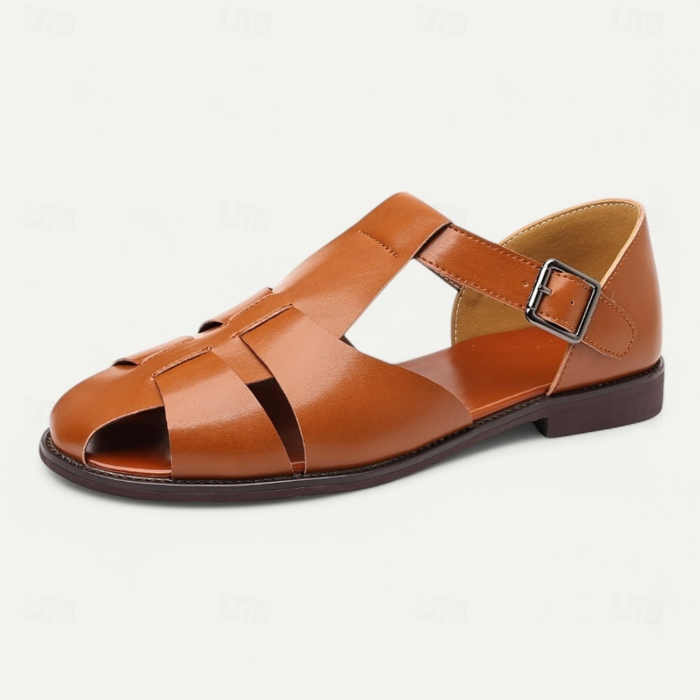 Sandale pentru bărbați din piele artificială maro, cu vârf deschis, cu curea cu cataramă reglabilă, stil casual pentru purtarea de zi cu zi 2025 - HUF 12819 –P1