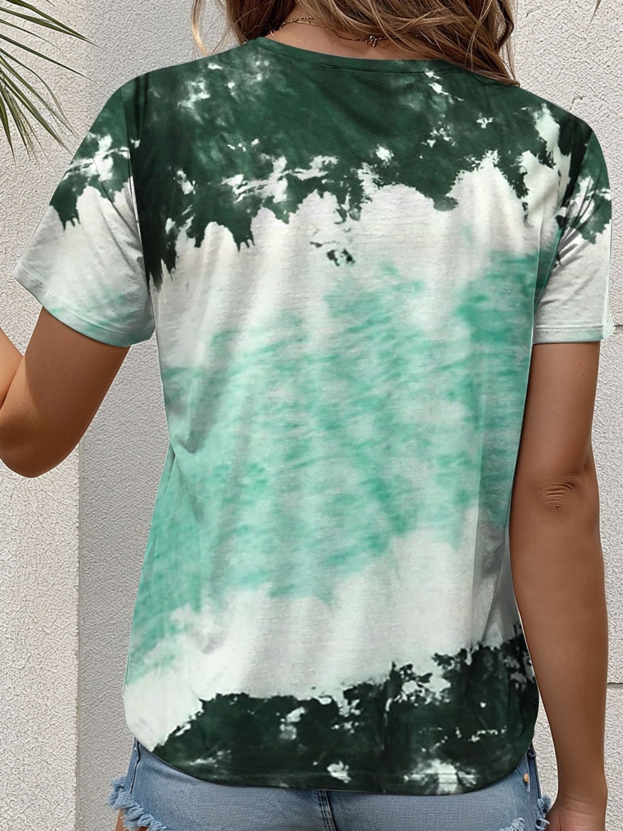 Damskie Podkoszulek Wzór tie-dye Codzienny Krótki rękaw Okrągły dekolt Zwykłe topy Codzienny Nadruk Zielony Lato 2025 - $19.99 –P3