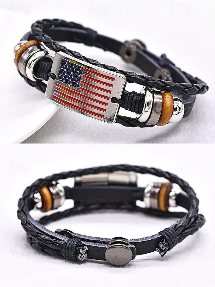 Amerikansk flaggarmband i läder för män – snyggt flätat band med metall- och trädetaljer för vardagliga och patriotiska tillfällen 2025 - $7.99 –P4